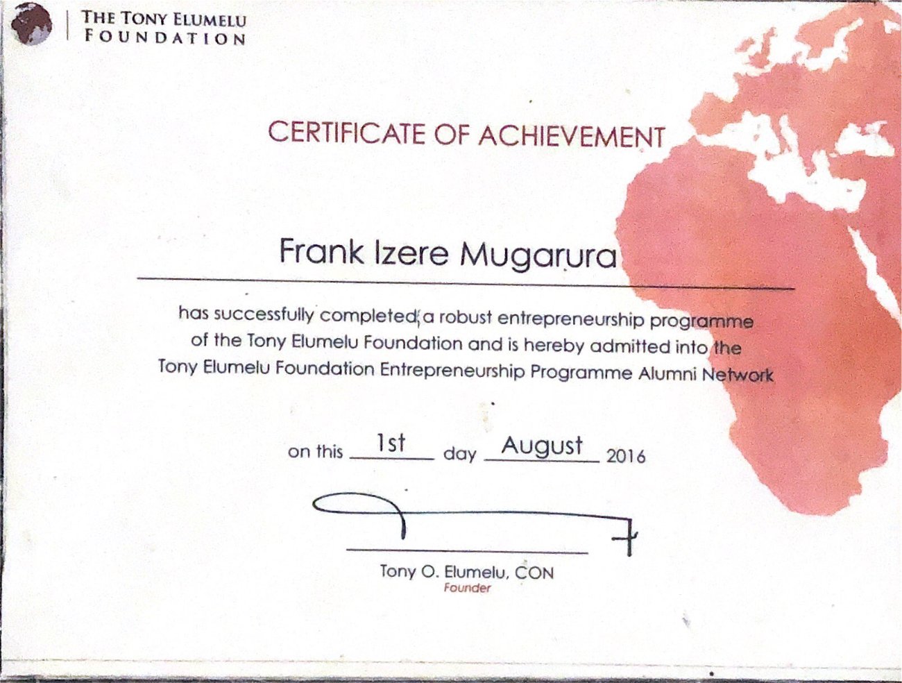 Tony Elumelu Foundation certificate