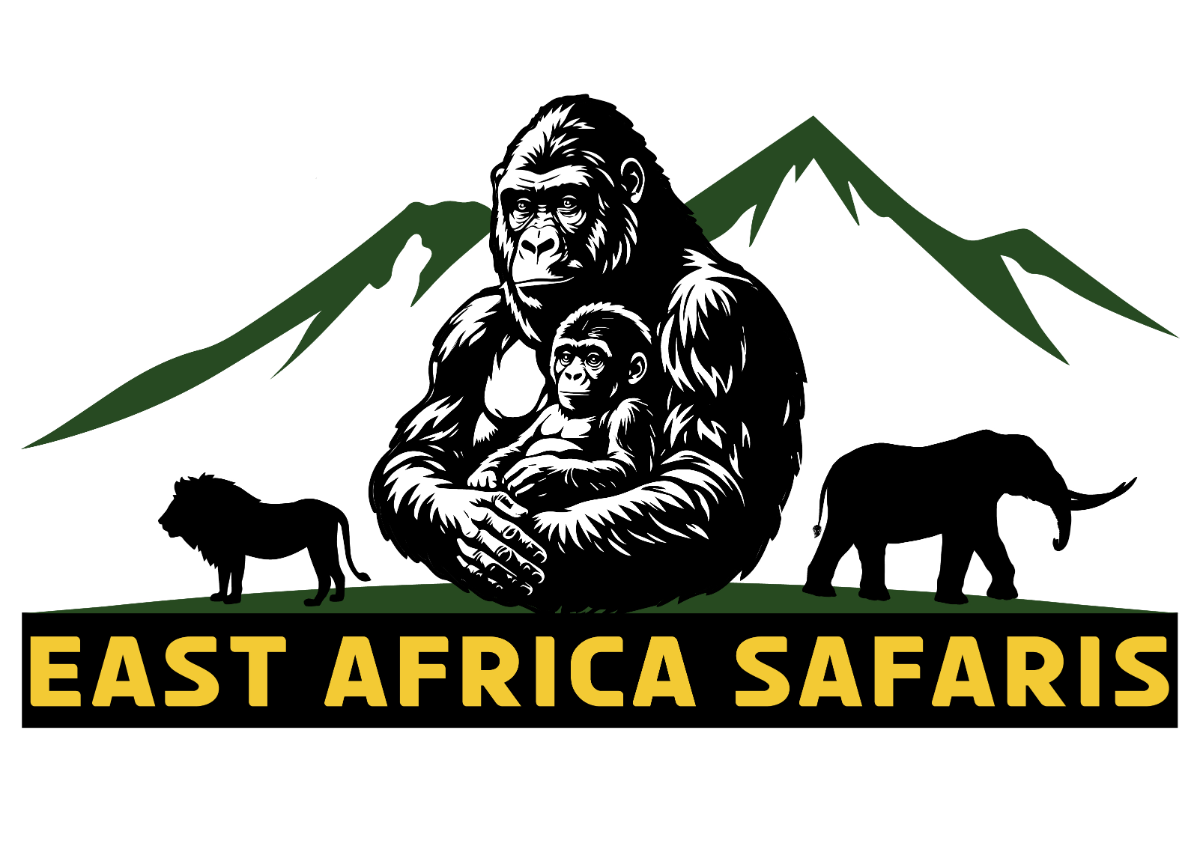 East Africa Safaris logo, a gorilla with lion and elephant against green peaks