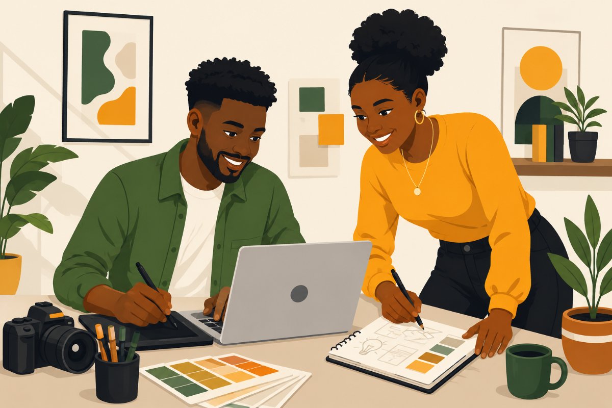 Two creatives collaborating on a design project