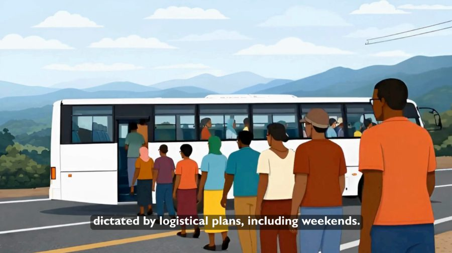 Refugees boarding an IOM bus