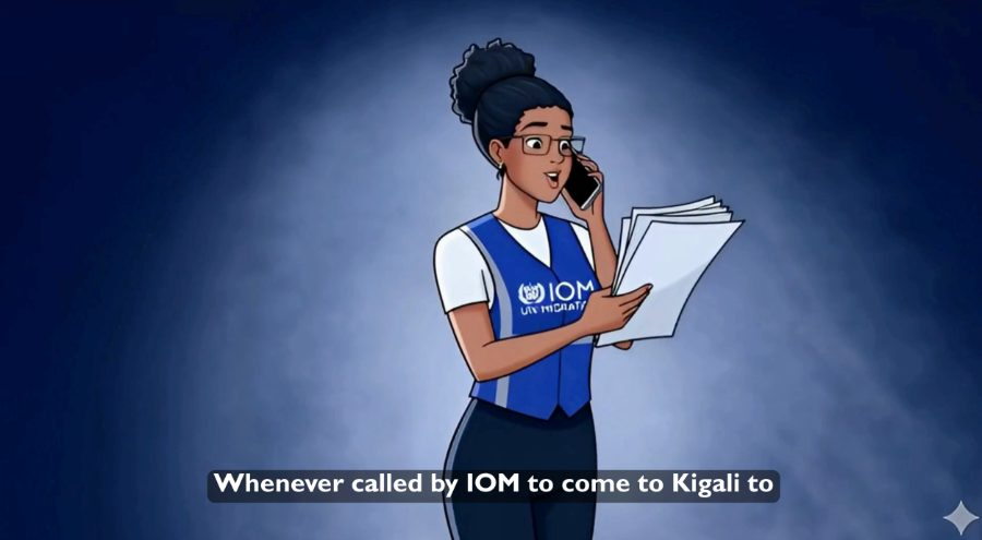 IOM staff calling a refugee to come to Kigali