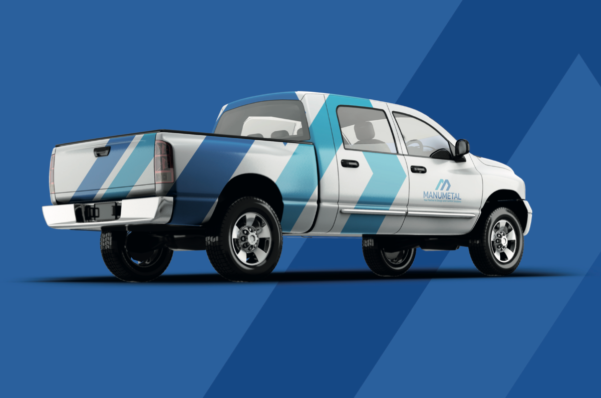 Manumetal brand identity, vehicle wrap in brand blues